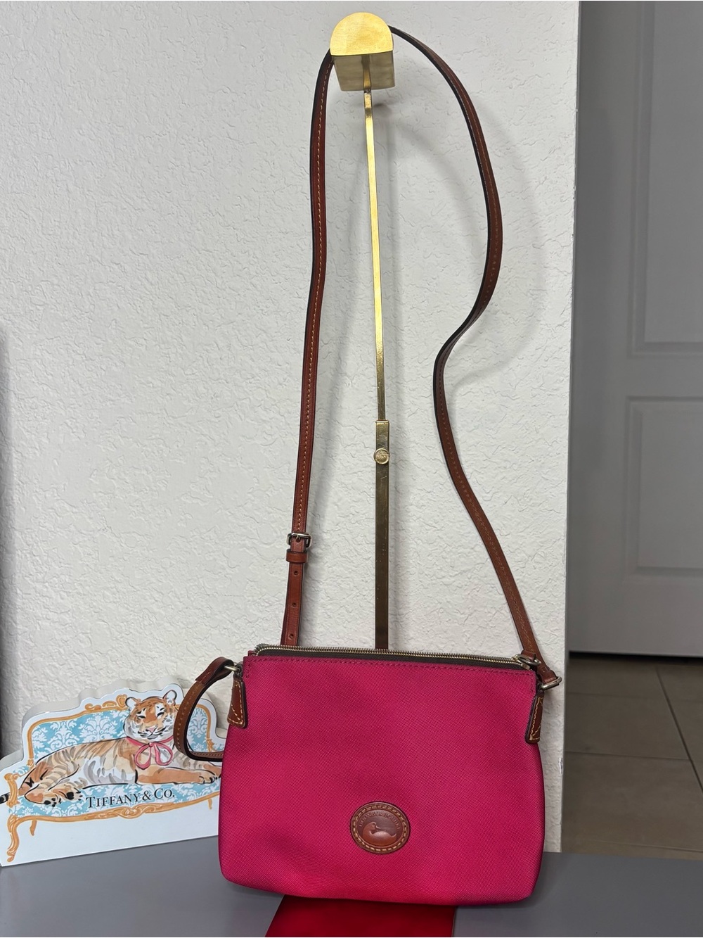 Dooney & Bourke Hot Pink Nylon Crossbody Pouchette with Brown Leather Strap